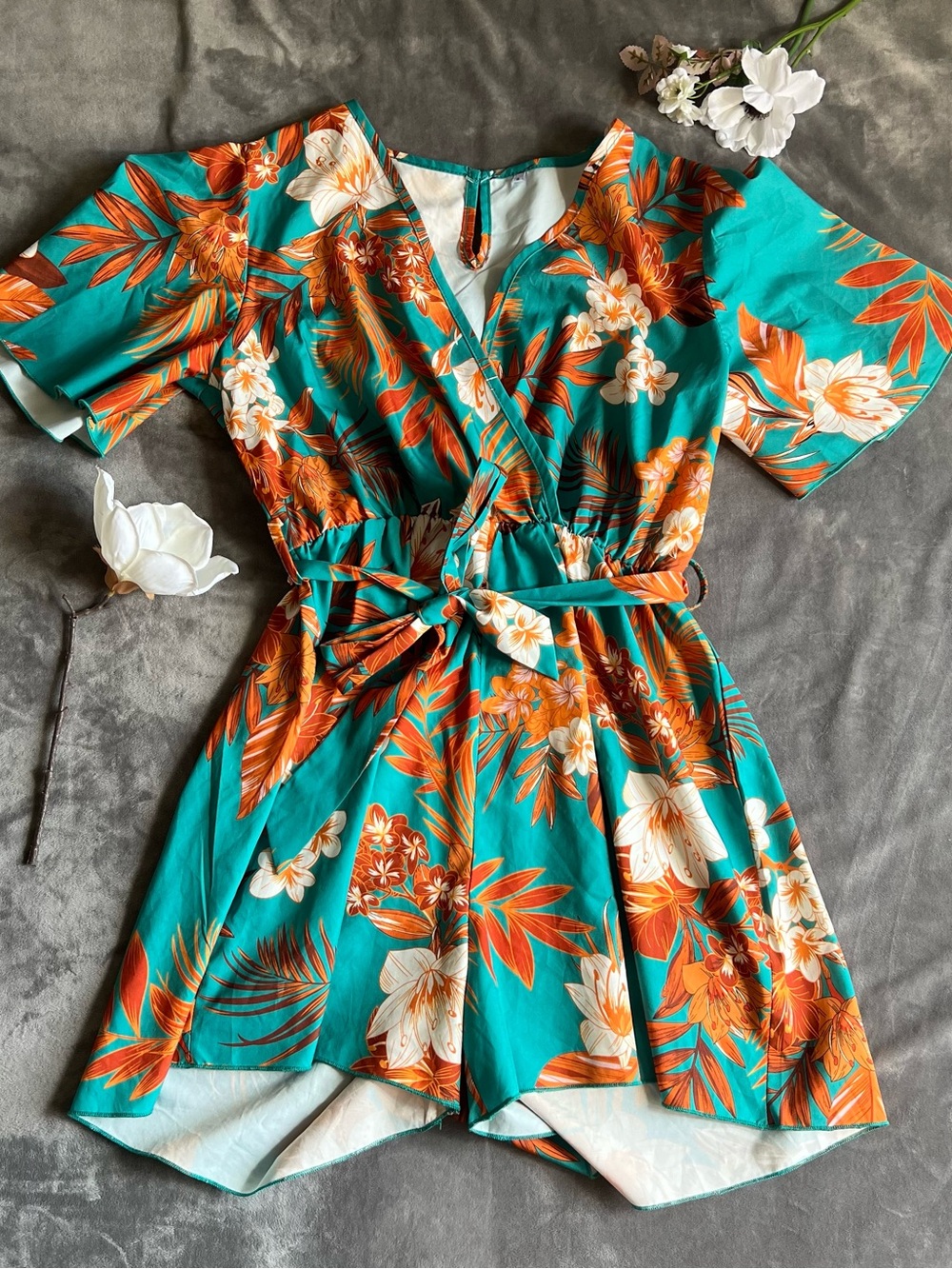 Tropical Teal & Orange Floral Wrap Romper